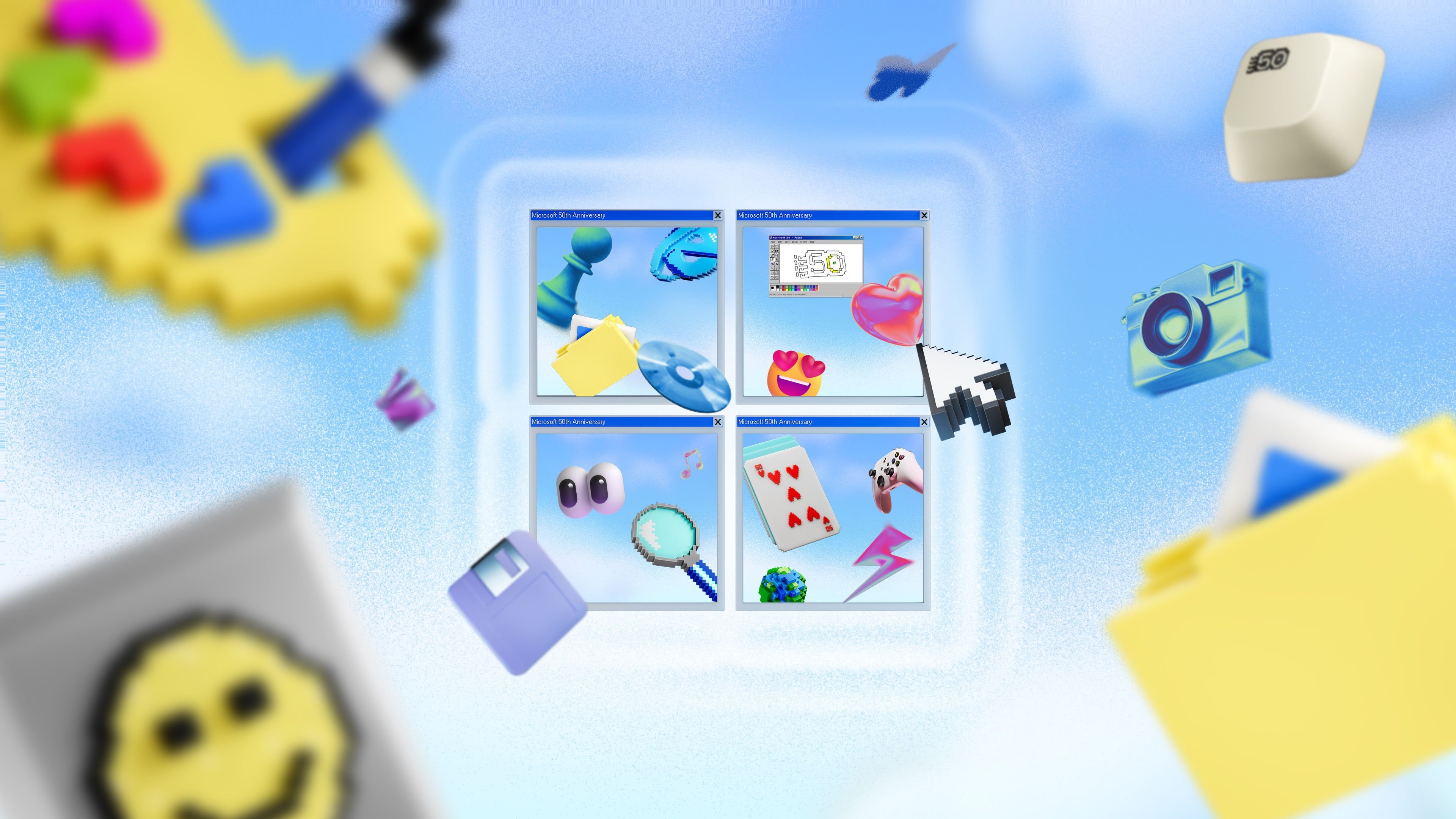 Des fonds d'écrans inédits et des tonnes de ressources Teams, Designer et Clipchamp : Microsoft a fait tourner les goodies pour fêter ses 50 ans. © Microsoft