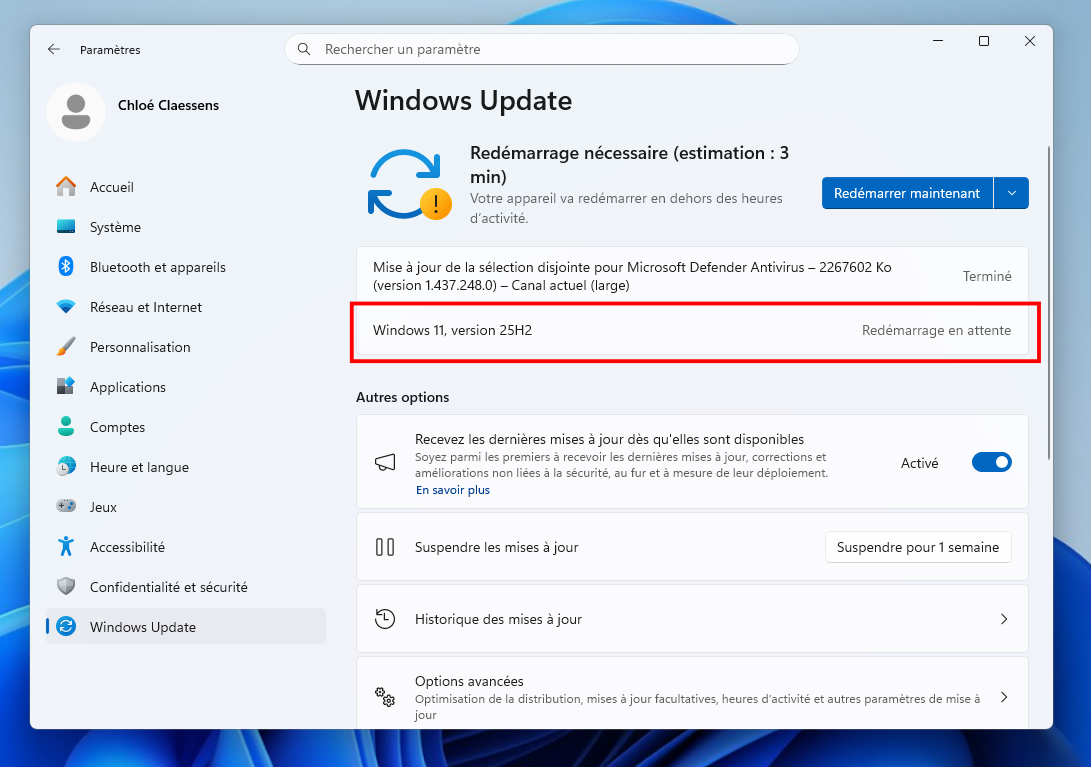 Après l'installation de Windows 11 25H2, redémarrez votre PC. © Clubic