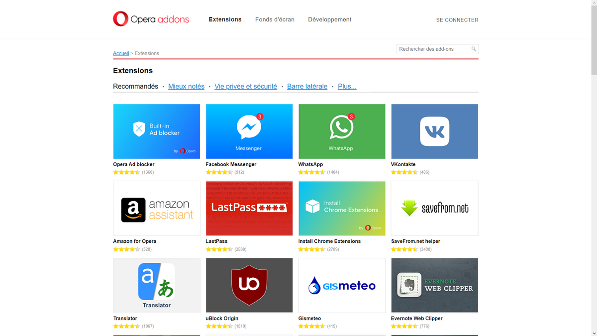 Le magasin Opera dispose de nombreuses extensions.
