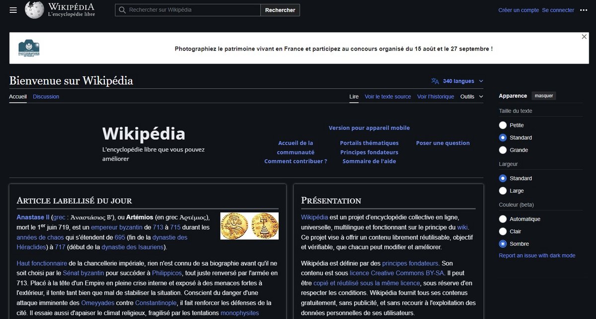 Wikipédia en mode sombre, en un clic - Capture d'écran © Mélina Loupia pour Clubic