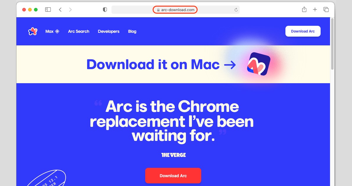 Le site pirate reprend trait pour trait la page de téléchargement officielle d'Arc Browser © Malwarebytes