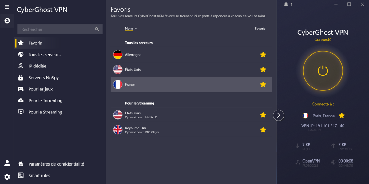 CyberGhost - La liste des emplacements de connexion marqués en favoris. © Clubic
