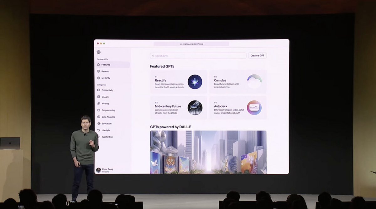 Sam Altman présente le GPT Store lors du DevDay d'OpenAI de novembre 2023 © OpenAI