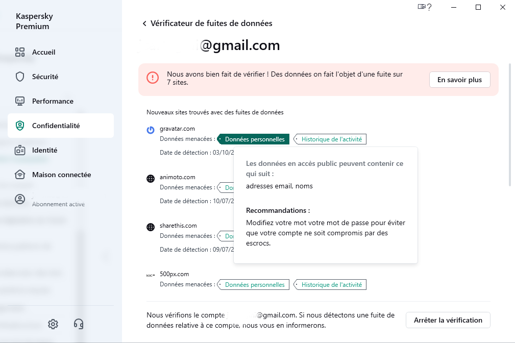 Kaspersky Protection de l’identité - Les alertes sur les fuites de données