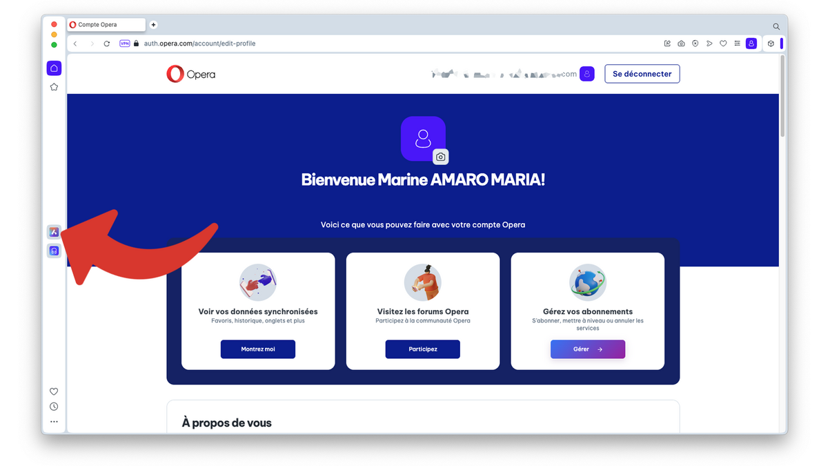 Ouvrir l'IA Aria dans la barre latérale d'Opera © Clubic