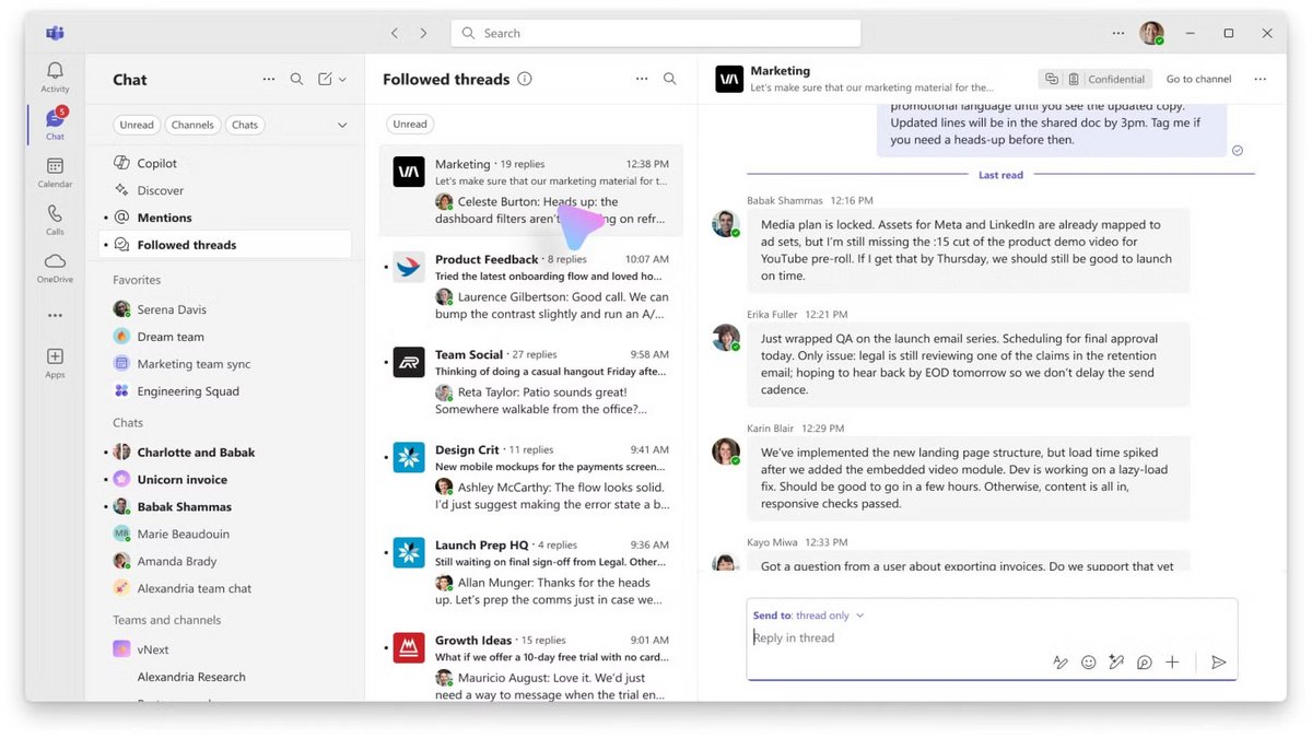 La vue en threads (fils) sur Teams - © Microsoft