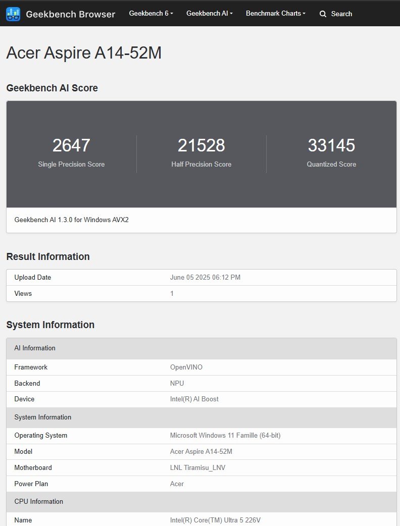 Résultats Geekbench AI. ©Clubic