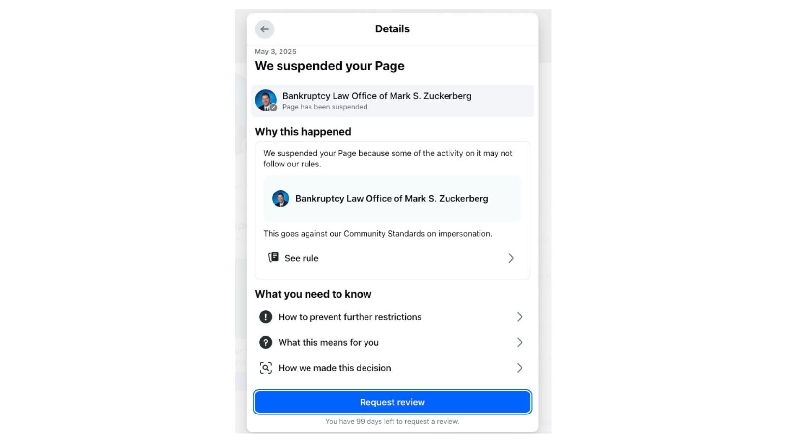 La page Facebook de l'avocat Mark S. Zuckerberg maintes fois suspendue. ©Mark S. Zuckerberg