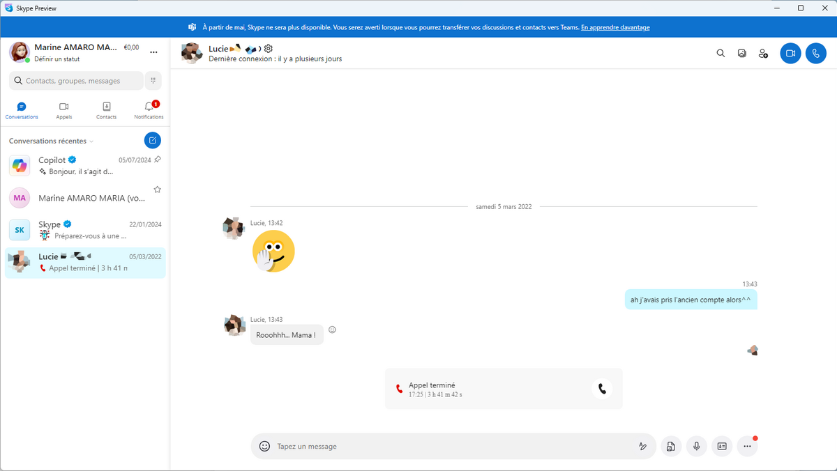 Skype ouvert sur une conversation © Clubic