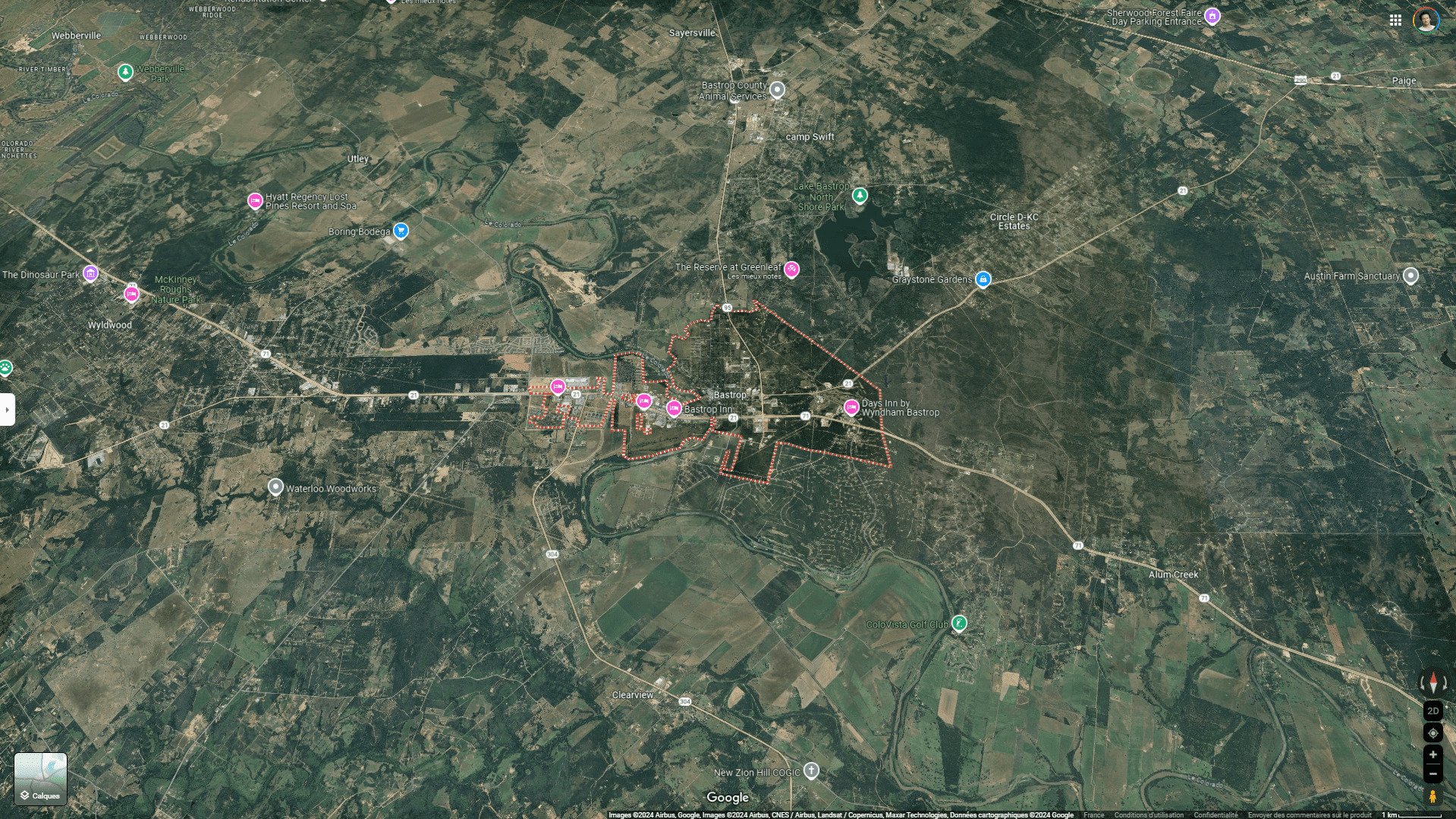 Bienvenue à Bastrop, campagne du Texas © Google Maps / Clubic