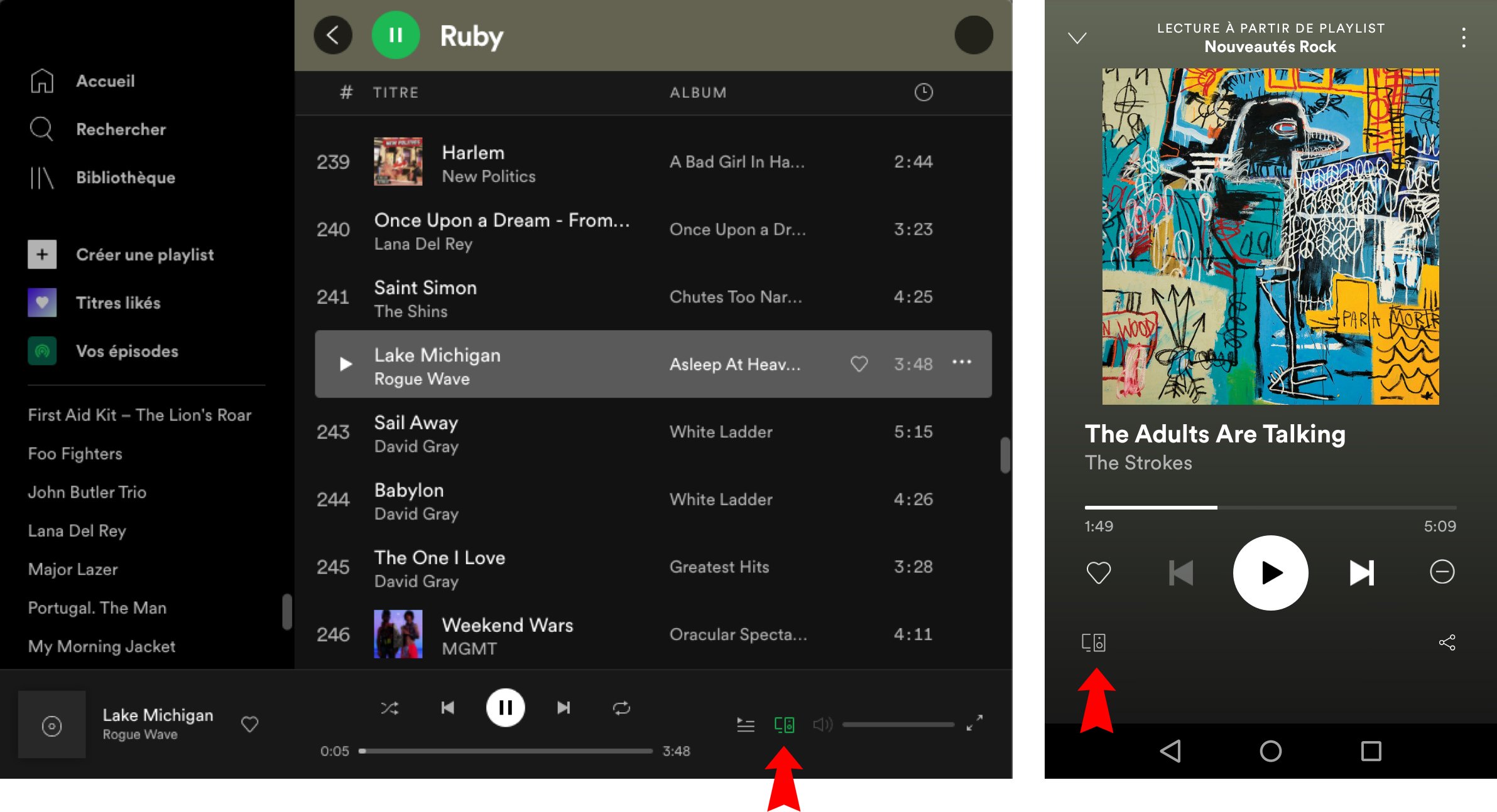 Localisation de l'icône "Se connecter à un appareil" sur l'interface Spotify