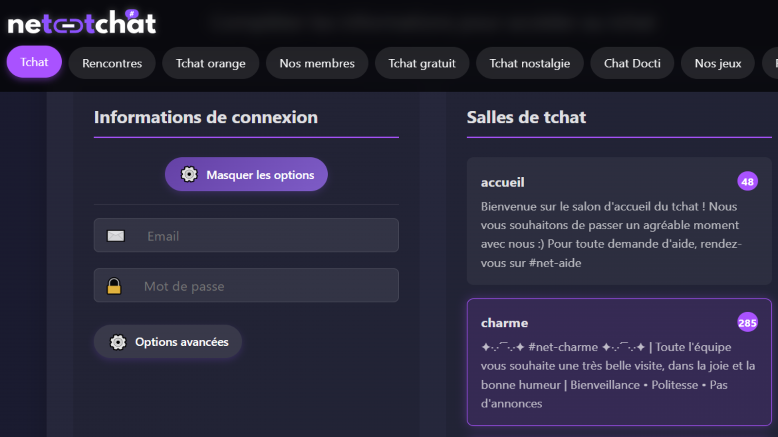 Net-Tchat réunit les options de connexion et les salles de discussion dans une interface claire, fluide et facile à parcourir. © Net-Tchat