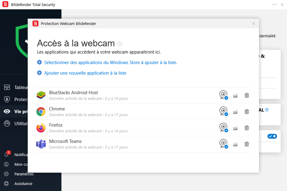 Contrôle de l'accès à la webcam sous Bitdefender Total Security