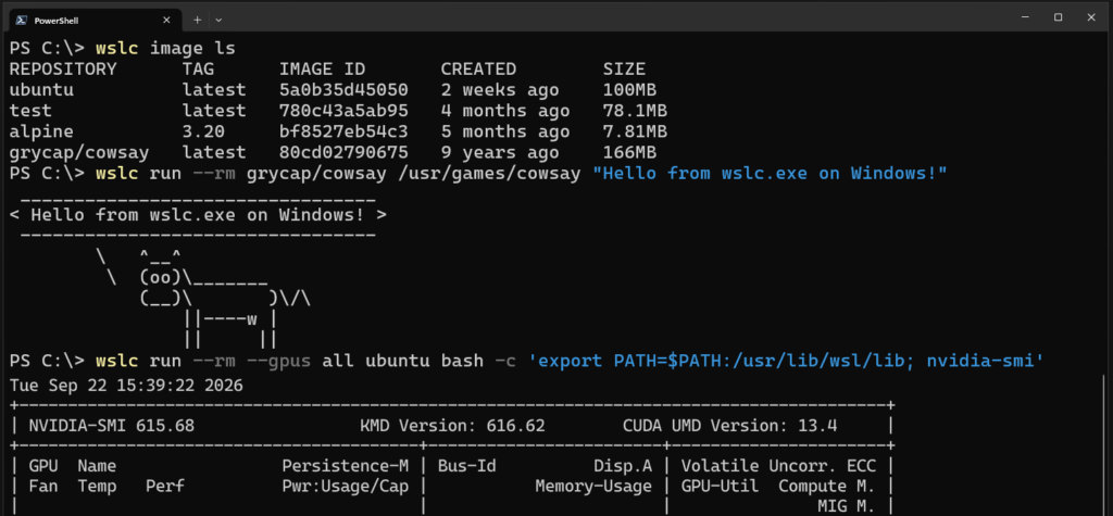 Depuis PowerShell, wslc.exe permet de lancer directement des conteneurs Linux sous Windows, y compris avec accès au GPU pour les charges compatibles CUDA. © Microsoft