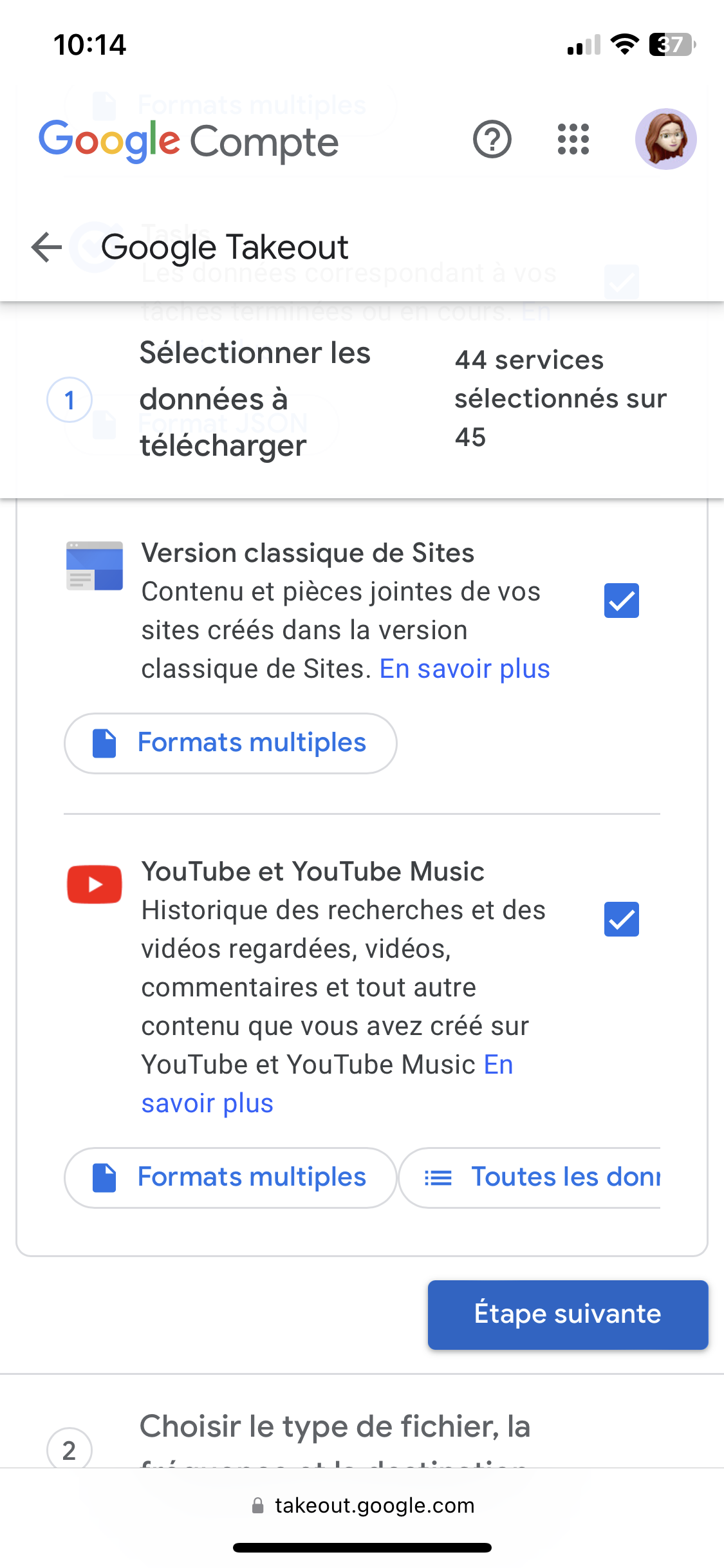 Google Takeout - aperçu des services