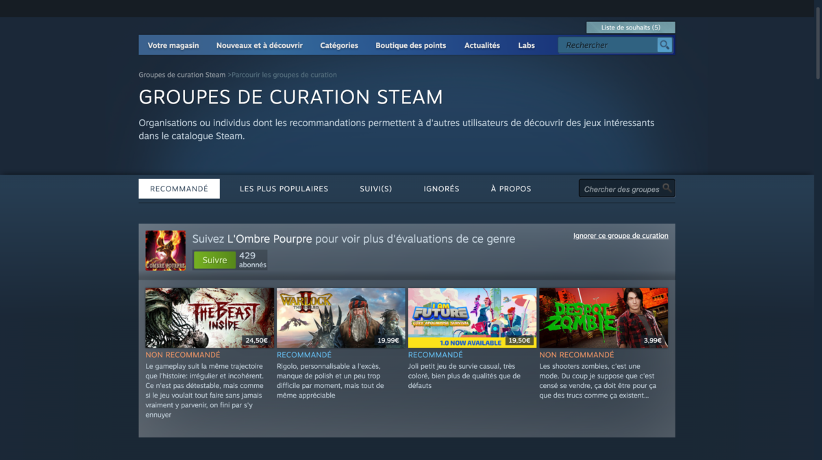 Les groupes de curation vous permettent de faire de belles découvertes ! © Valve / Steam