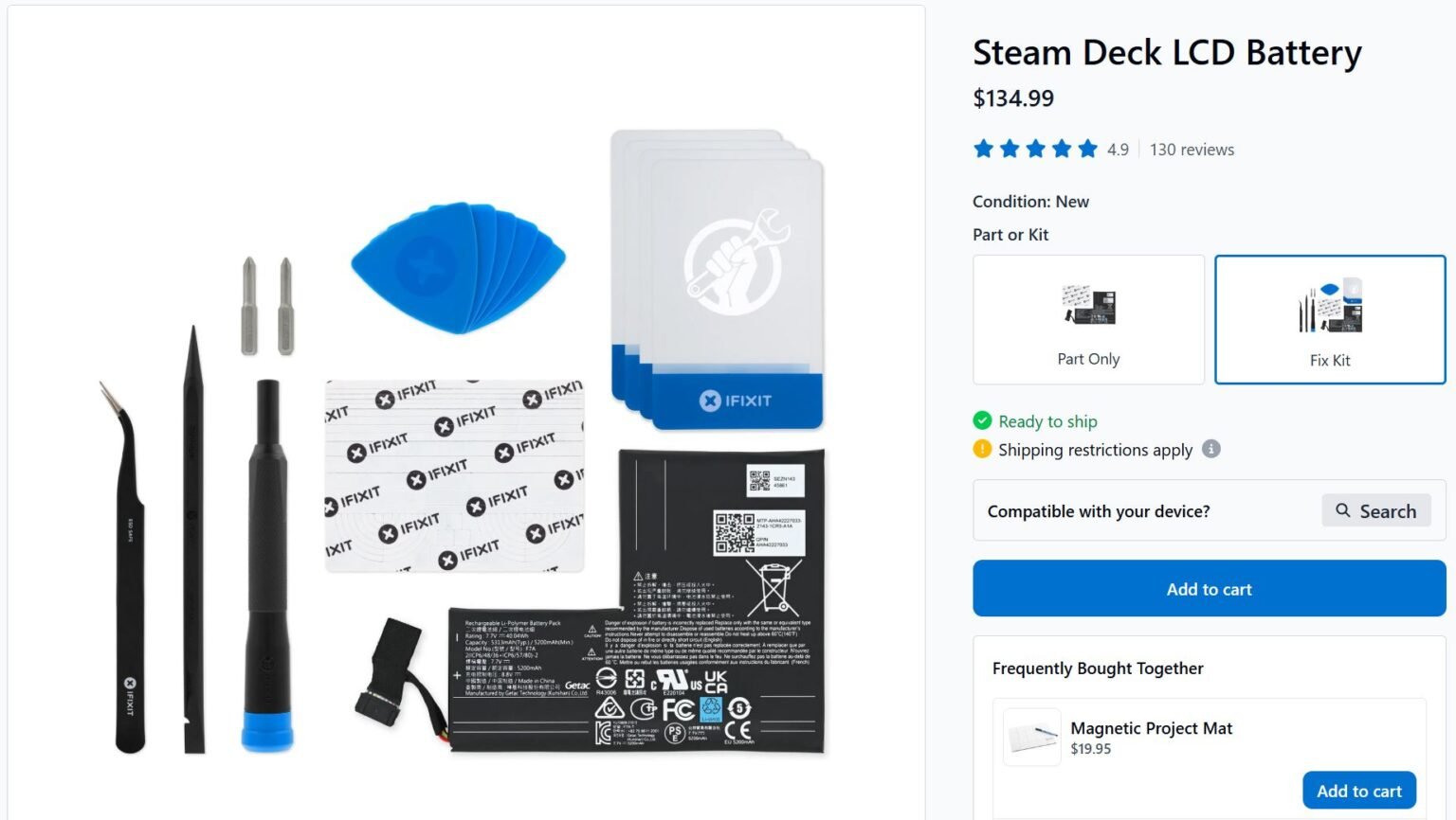 Avec les accessoires de démontage/montage, la batterie est même facturée 134,99 dollars. © iFixit