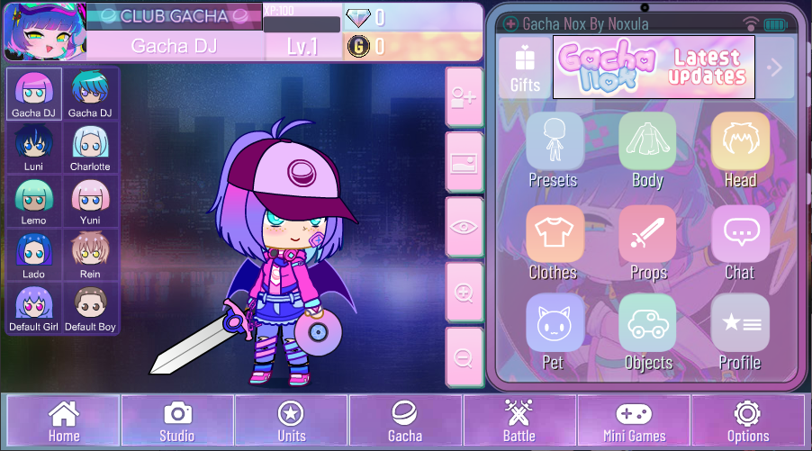 Interface principale de Gacha Nox, clairement distincte de celle de Gacha Club, présentant les options de personnalisation et les menus spécifiques au mod. - © Gacha Nox