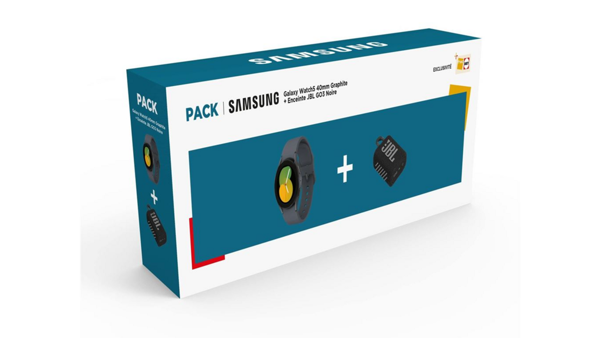 Le pack avec la montre connectée Samsung Galaxy Watch5 et l'enceinte Bluetooth JBL GO 3