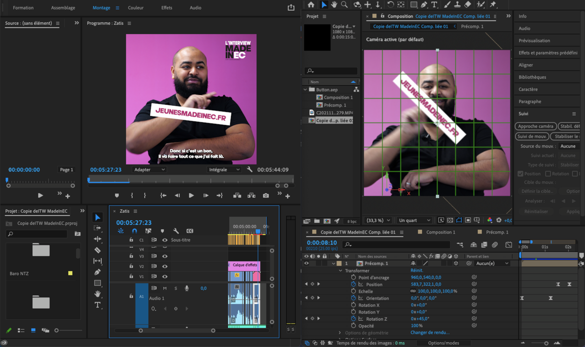 Les modifications opérées dans After Effect se répercutent en temps réel sur Premiere Pro.