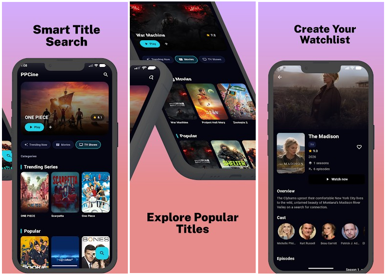 PPCine permet de découvrir des films et séries populaires, de consulter leurs fiches détaillées et de suivre les tendances du moment. © Dinbra Dev Studio