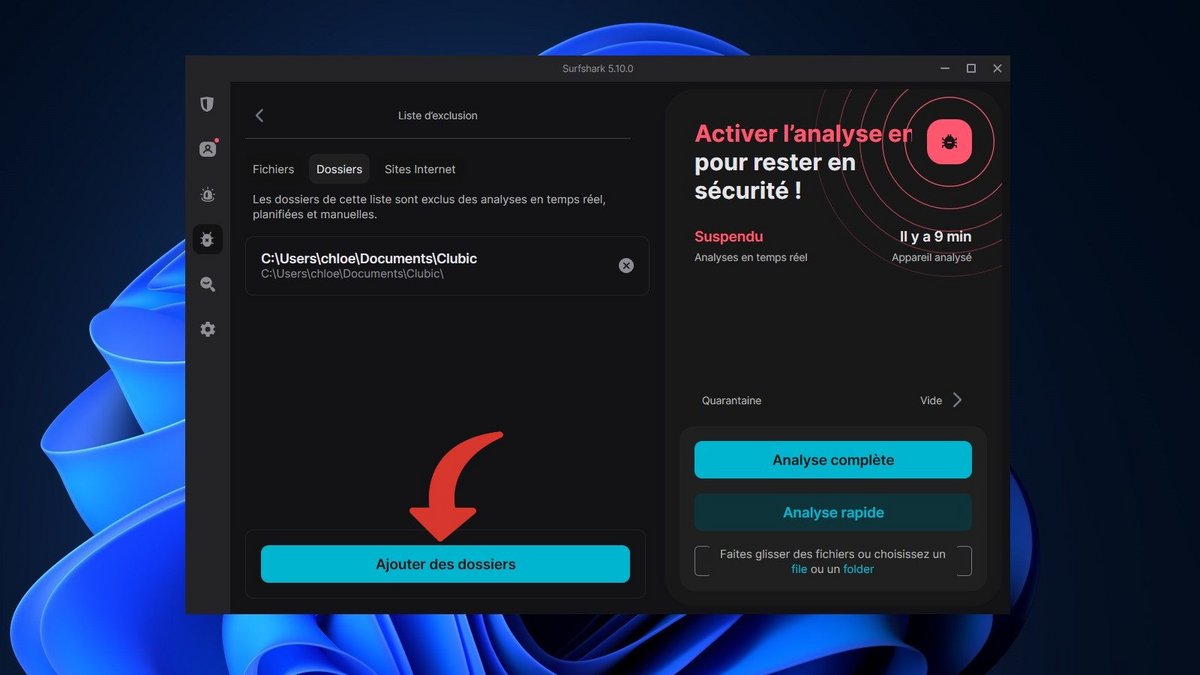 Surfshark Antivirus - Ajoutez des dossiers à votre liste d'exclusion © Clubic