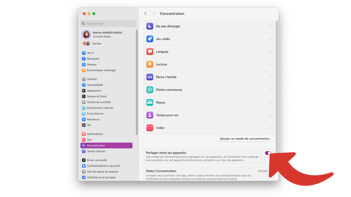 Activer le partage du mode de concentration entre les appareils Apple © Clubic
