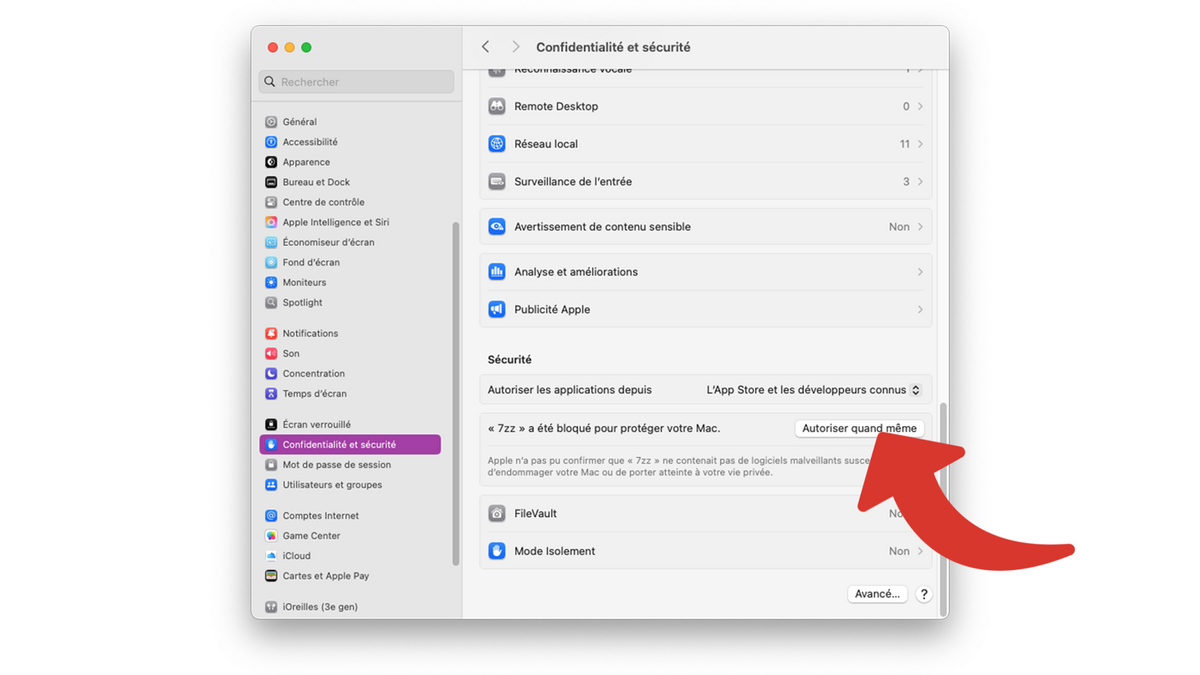 Autoriser le Mac à installer 7zz © Clubic