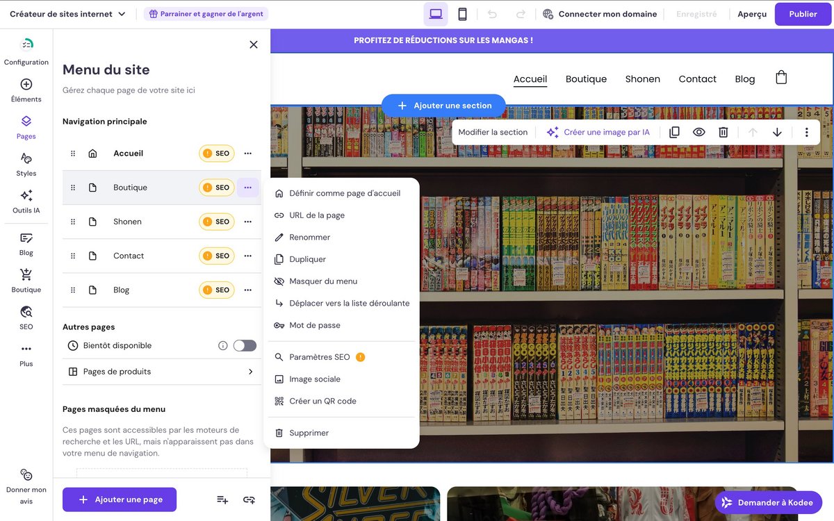 Créateur de sites web Hostinger - Modification des paramètres d'une page web. ©Hostinger