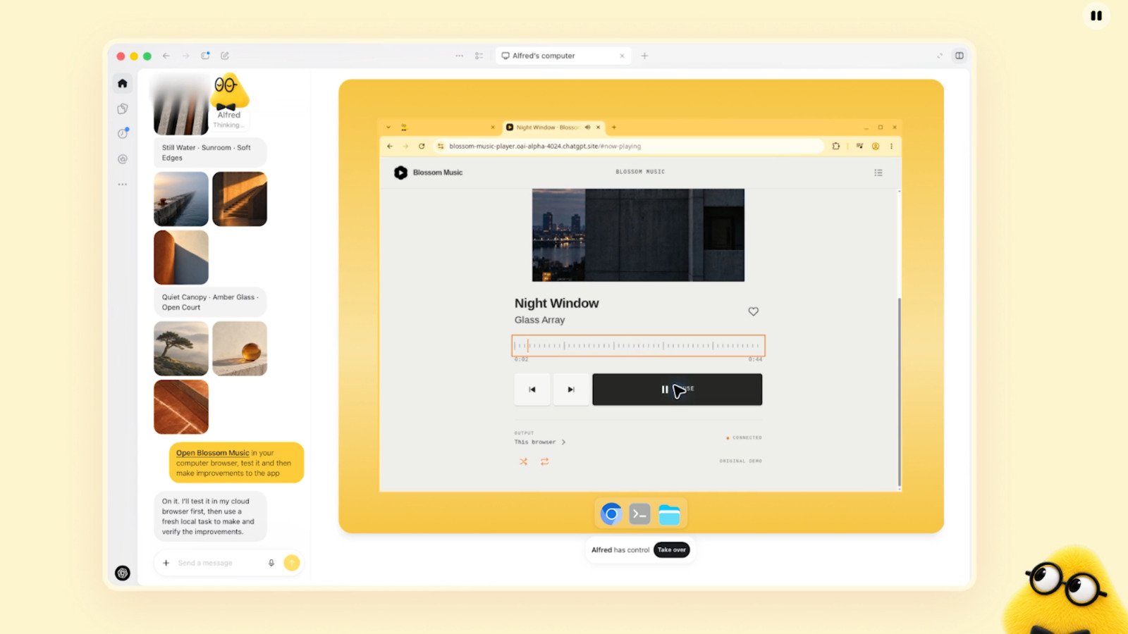 On le voit ici, pendant que le dot Alfred prend la main sur son ordinateur virtuel, un bouton permet à tout moment de reprendre le contrôle. © OpenAI