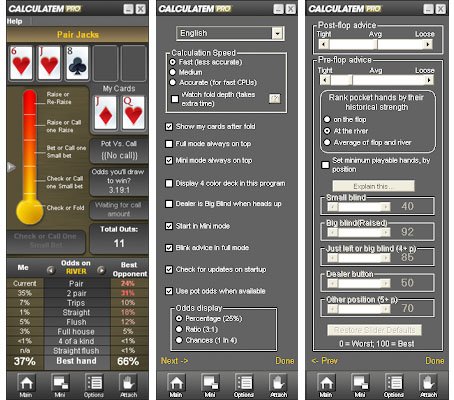 Interface de calcul pendant le jeu, paramètres de configuration et conseils post-flop pour améliorer la stratégie au Texas Hold’em. - © Calculatem Pro