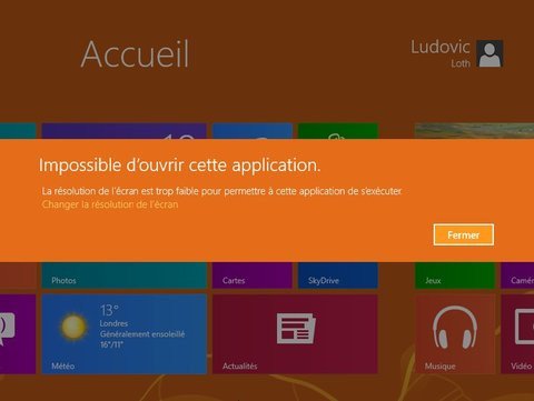 Pour exécuter une app Modern UI, attention à la résolution de l'écran !