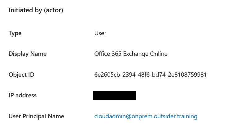 Exemple d'événement suspect à surveiller dans les journaux d'activités : l'intitiateur de la modification correspond à un service Microsoft, mais l'UPN est celui d'un admin. Ce mélange service / identifiant peut révéler l’usage abusif d’un actor token. © Dirk-jan Mollema