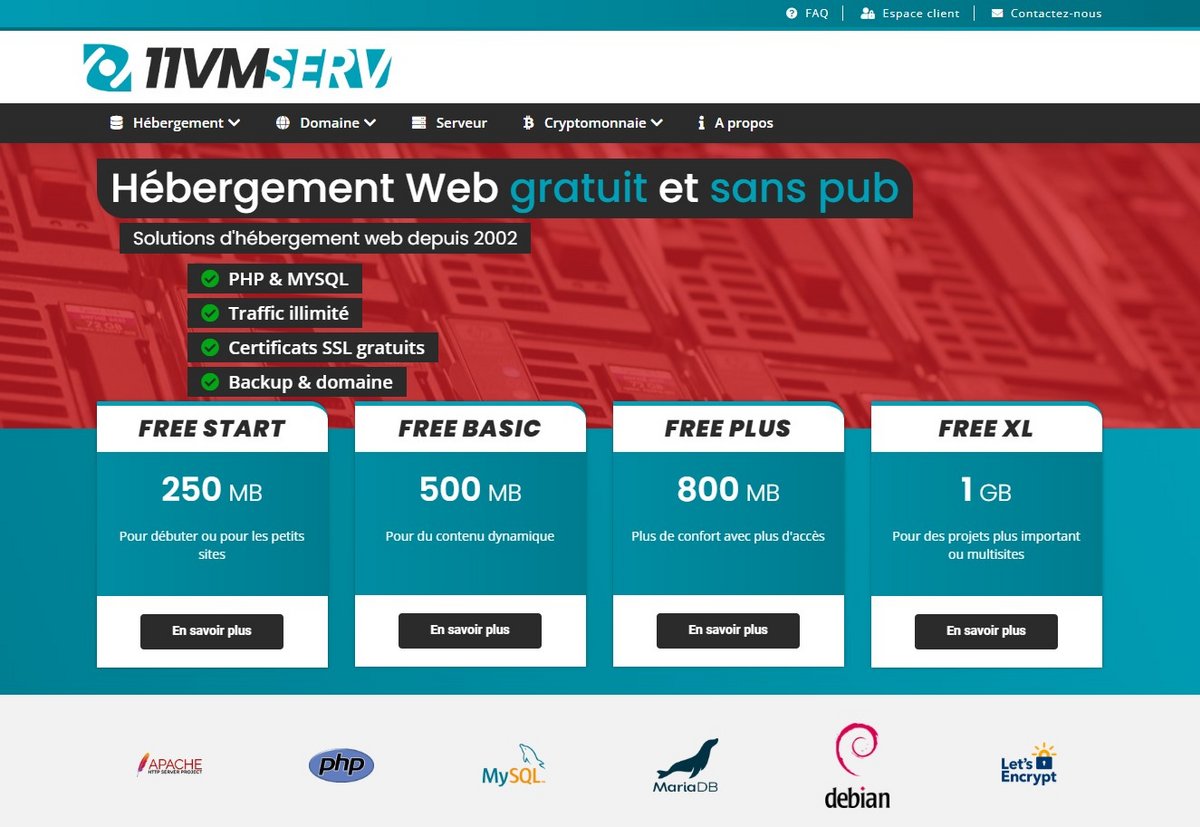 11VMServ : hébergeur web gratuit sans publicité de 250 Mo à 1 Go