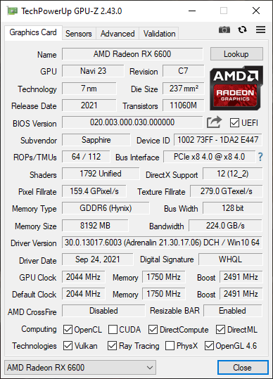 Sapphire Radeon RX 6600 - GPU-Z