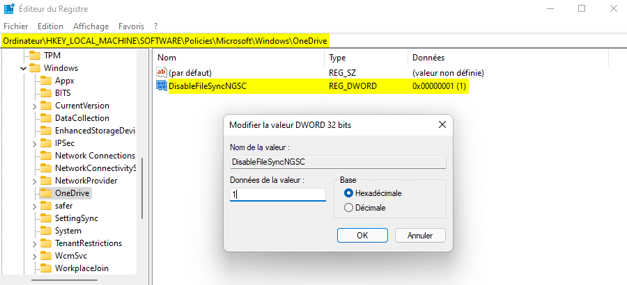 OneDrive - Désactivation via l'éditeur de registre
