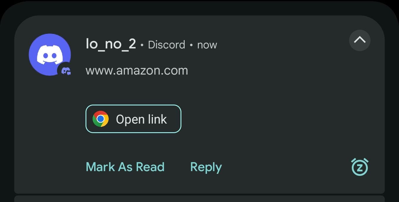 Le lien visible semble légitime, mais le bouton « Open link » redirige en réalité vers une autre adresse, ici zon.com, à cause d’un caractère invisible inséré dans le texte (ama[ ]zon.com). © io-no