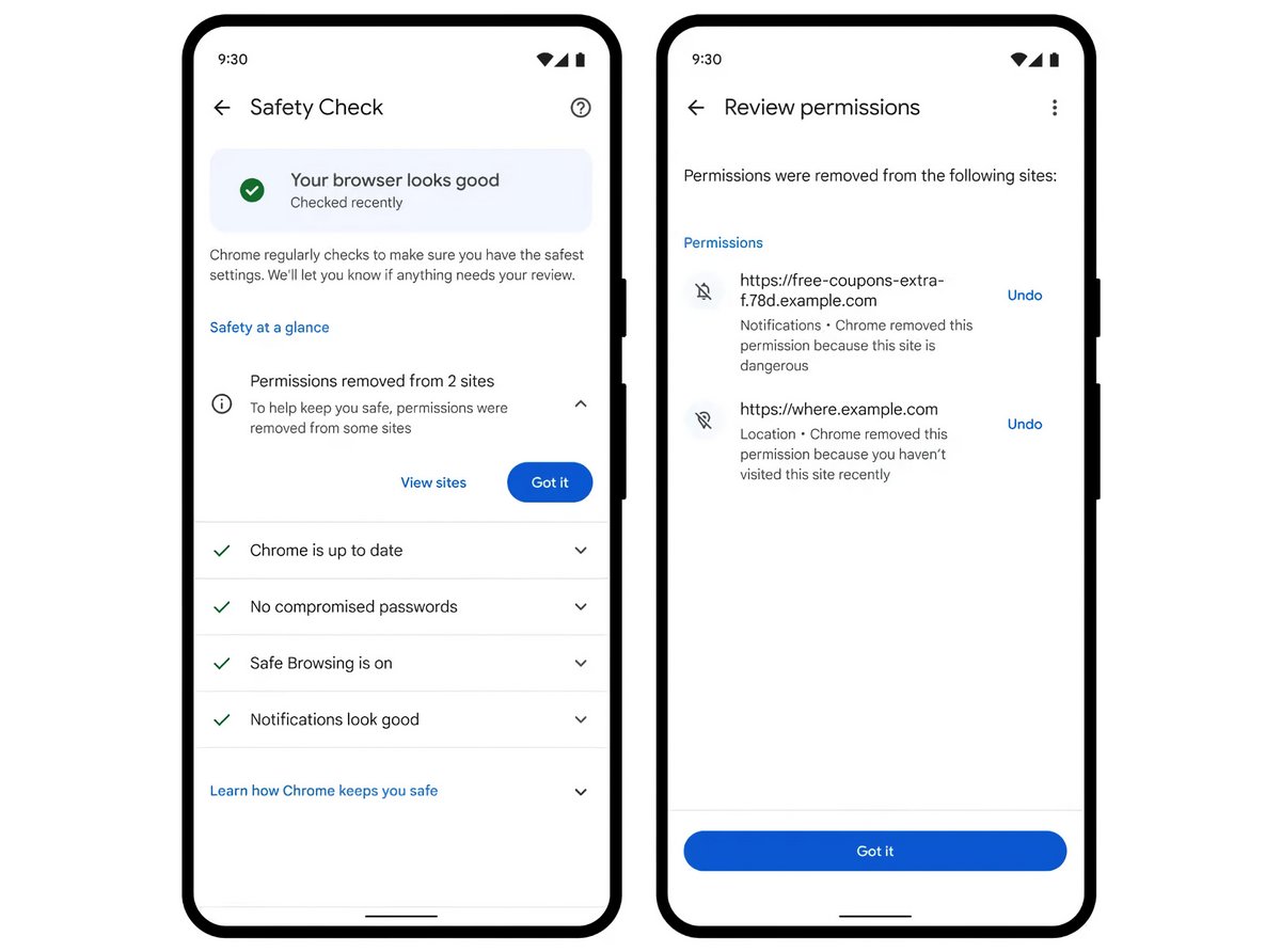 Le nouveau Check-up Sécurité de Chrome fonctionnera systématiquement en arrière plan et signalera les autorisations abusives, s'il ne décide pas tout simplement de les révoquer sans votre permission © Google