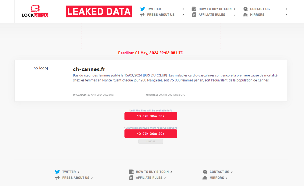 Capture d'écran du site de LockBit, avec le compte à rebours de la fuite des données de l'hôpital de Cannes © Clubic