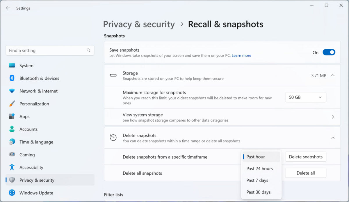 Les paramètres de Recall permettent d'affiner la gestion des instantanés © Microsoft