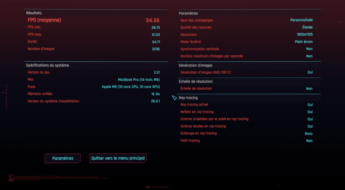 Cyberpunk 2077 avec le Ray tracing actif et la frame generation AMD FSR 3.1. © Clubic
