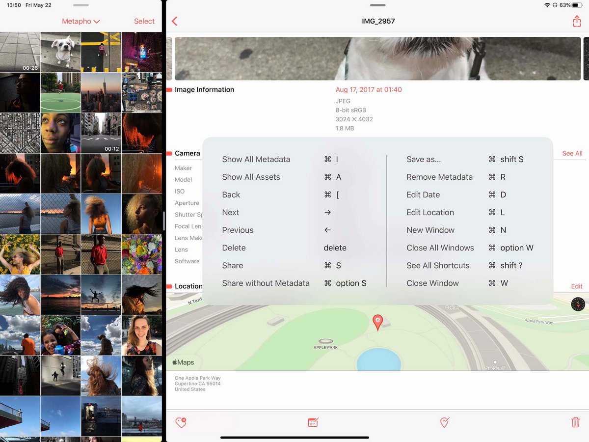 L'application sur iPad, affichant des métadonnées EXIF d’une photo, avec la carte de localisation et les raccourcis disponibles pour éditer ou supprimer les informations. - © Metapho