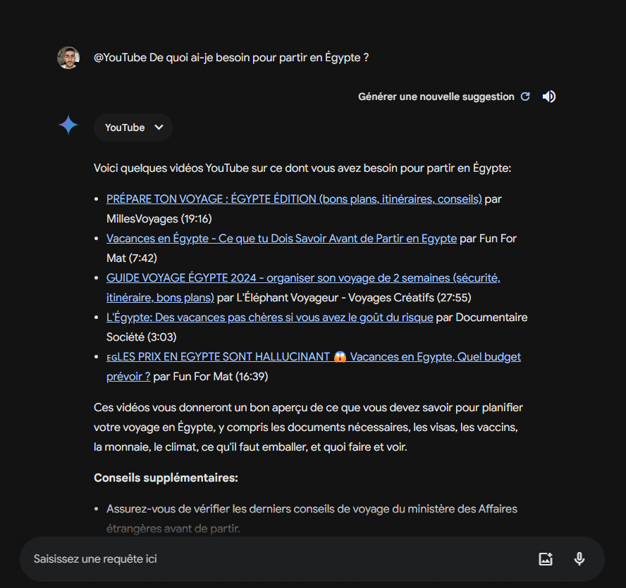 Quelques recommandations de Gemini pour la préparation d'un voyage en Égypte avec la requête « @YouTube » © Mérouan Goumiri pour Clubic