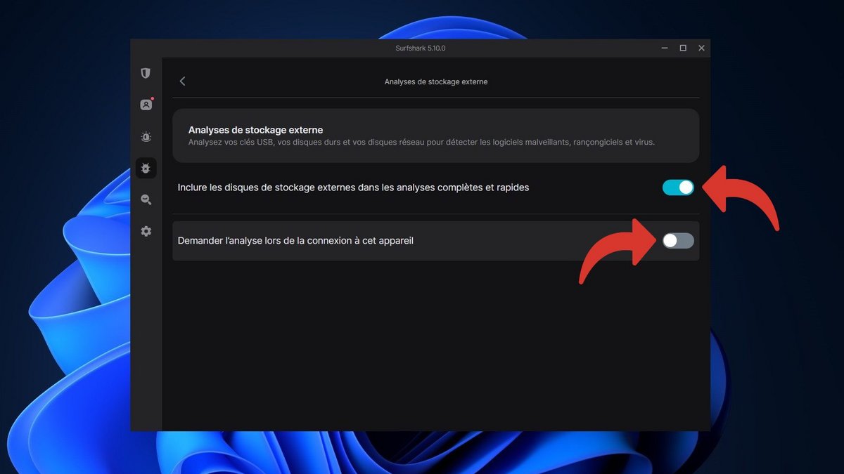 Surfshark Antivirus - Activez ou désactivez les options d'analyse des périphériques externes © Clubic