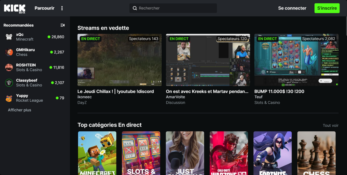 Kick streaming front page