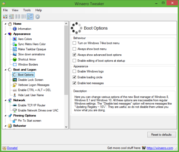 Capture de l’onglet Boot Options dans Winaero Tweaker, permettant d’activer ou désactiver des réglages cachés du démarrage de Windows. - © Winaero Tweaker
