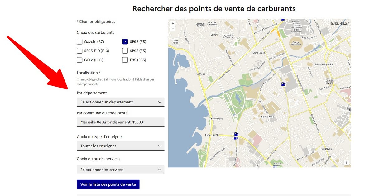 Remplissez le formulaire, pour une recherche plus précise des stations essence © Capture d'écran Clubic