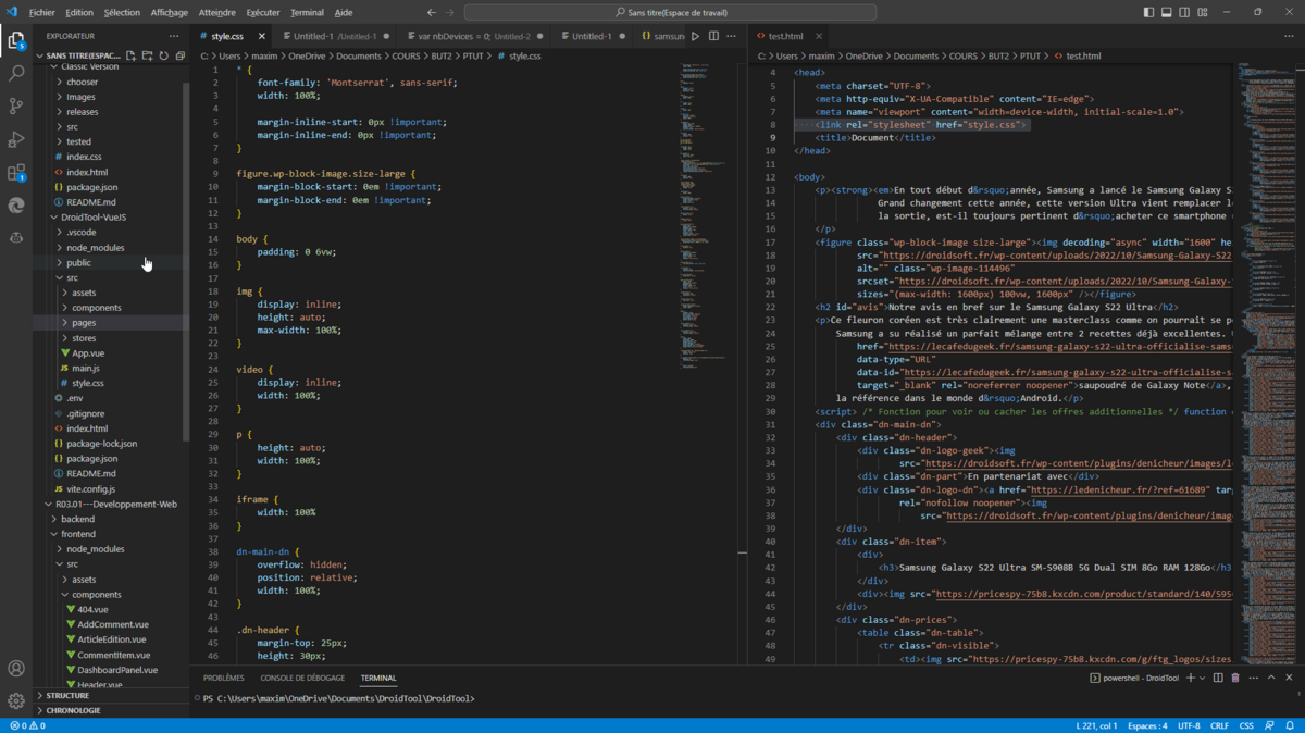Visual Studio Code affichant simultanément le code source et le fichier de style.