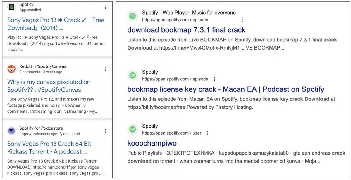 La combinaison de mots-clés impliquant des licences logicielles payantes et des termes comme "crack" ou "free" fait remonter des playlists frauduleuses hébergées sur Spotify © Bleeping Computer