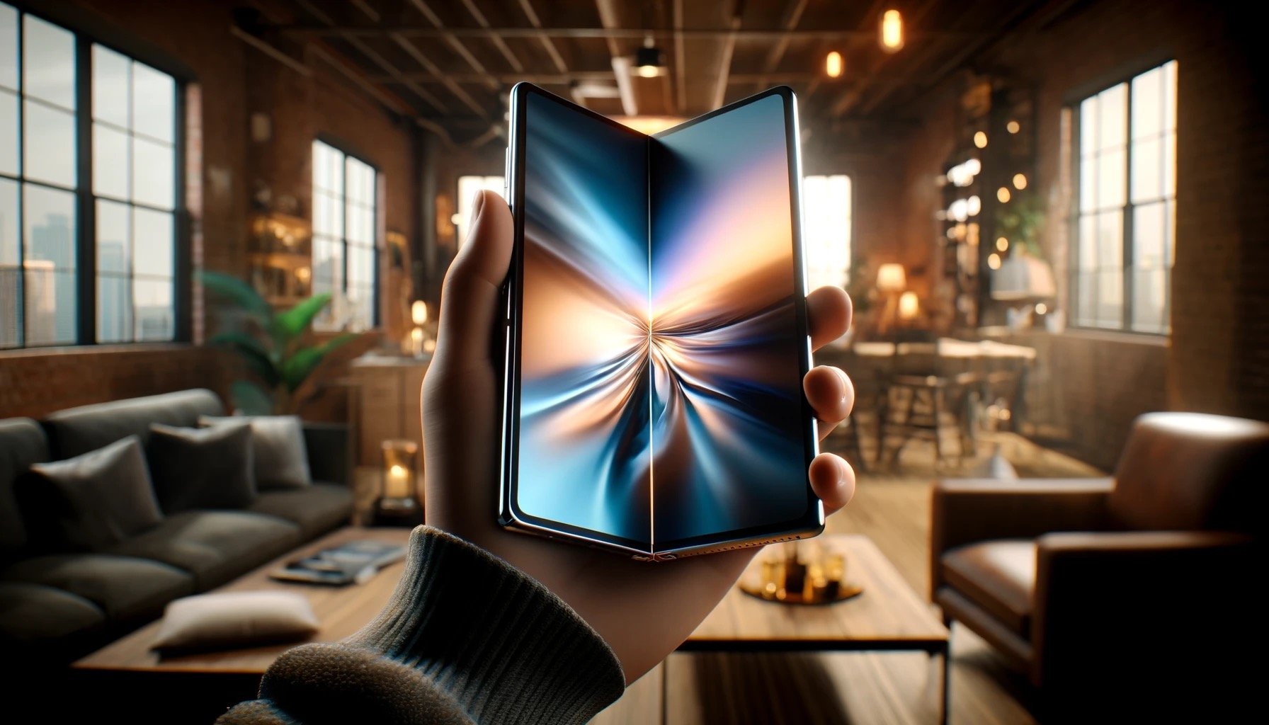 Un iPhone pliable tenu en main © DALL.E x Clubic.com